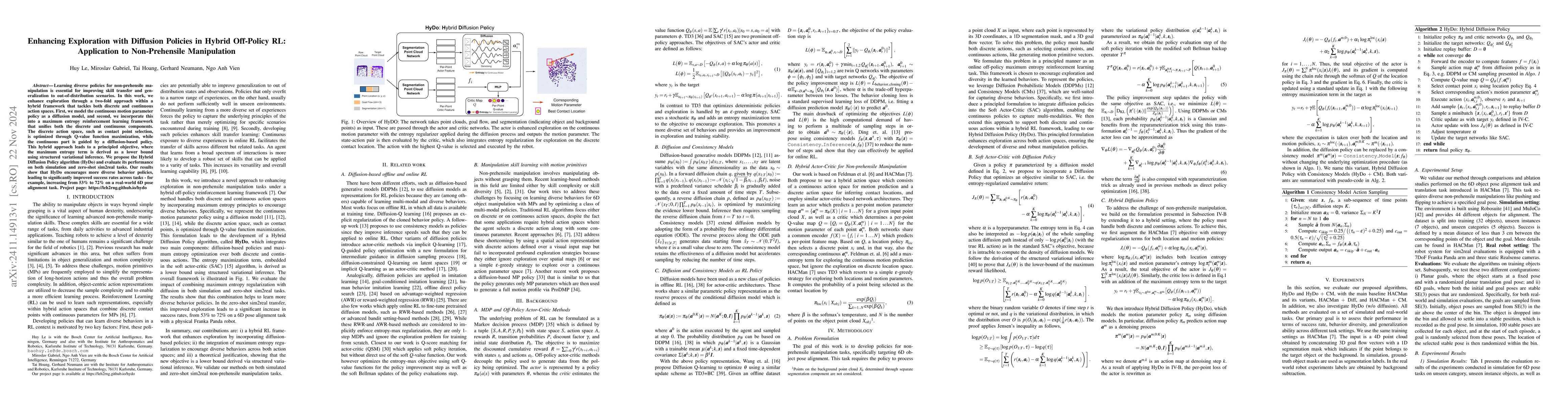 Thumbnail for Enhancing Exploration with Diffusion Policies in Hybrid Off-Policy RL:
  Application to Non-Prehensile Manipulation