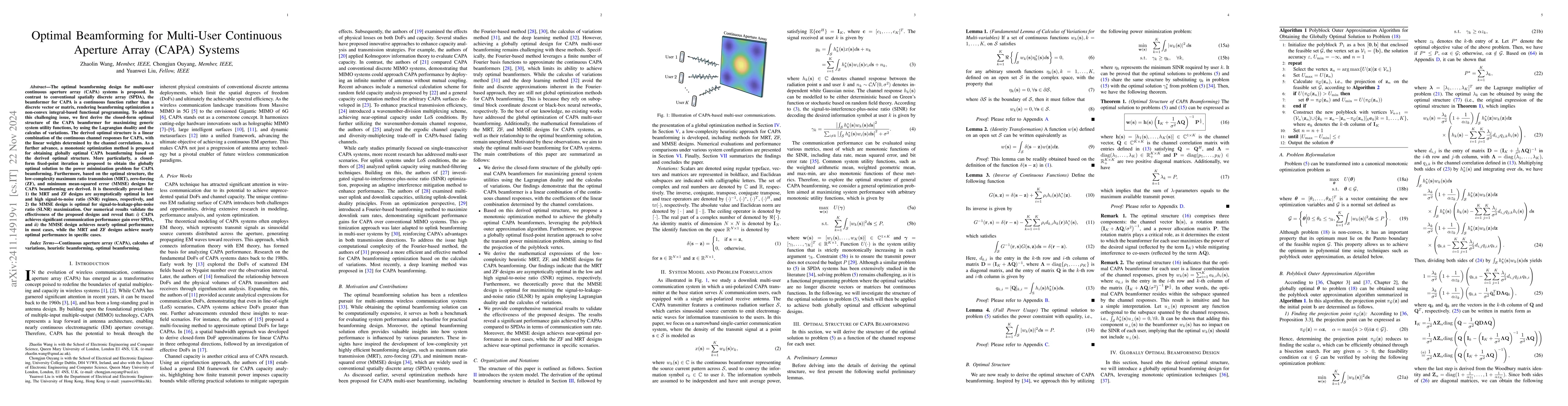 Thumbnail for Optimal Beamforming for Multi-User Continuous Aperture Array (CAPA)
  Systems