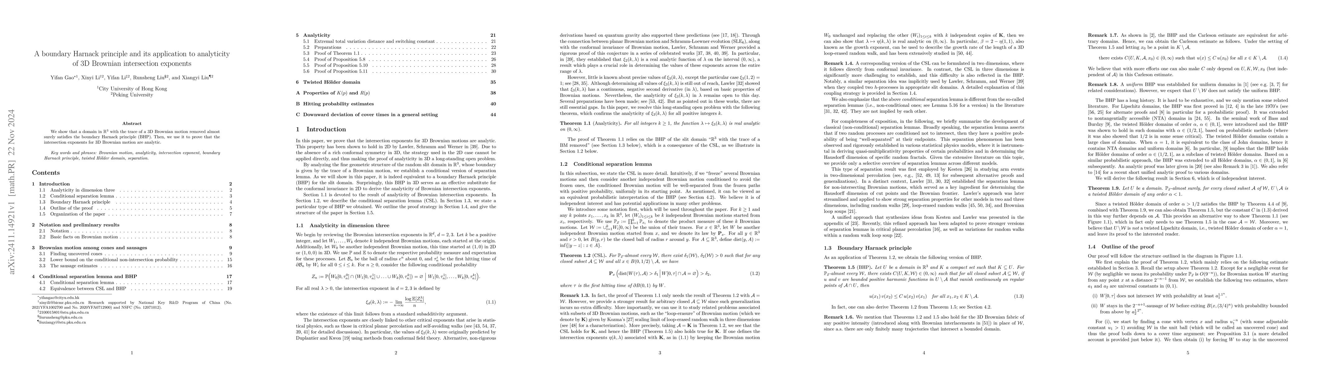 Thumbnail for A boundary Harnack principle and its application to analyticity of 3D
  Brownian intersection exponents