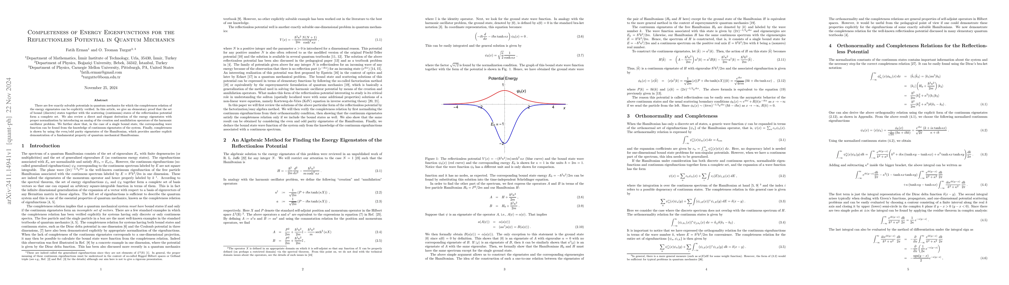 Thumbnail for Completeness of Energy Eigenfunctions for the Reflectionless Potential
  in Quantum Mechanics
