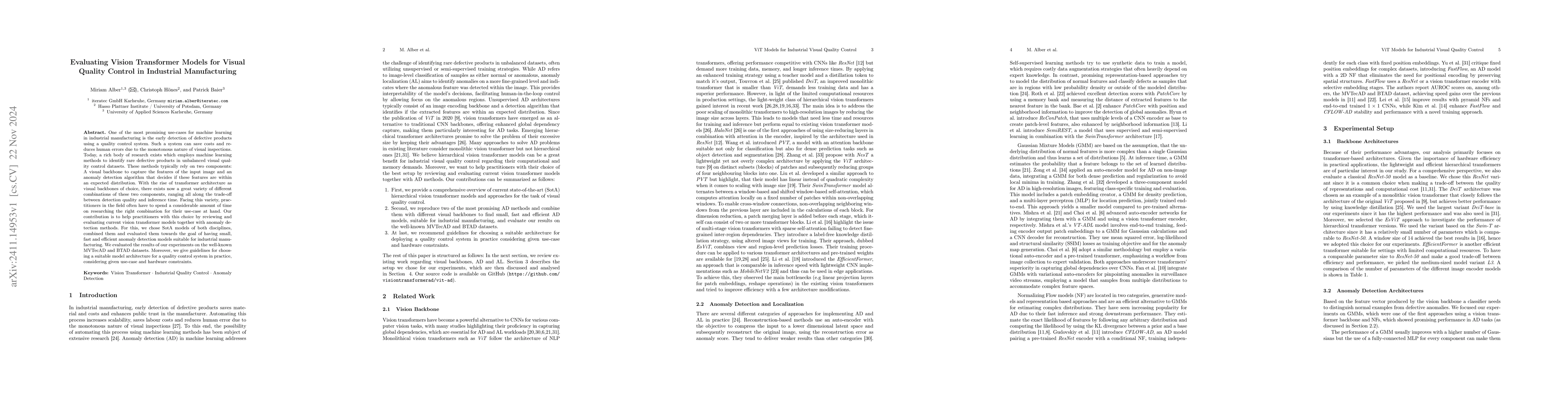 Thumbnail for Evaluating Vision Transformer Models for Visual Quality Control in
  Industrial Manufacturing