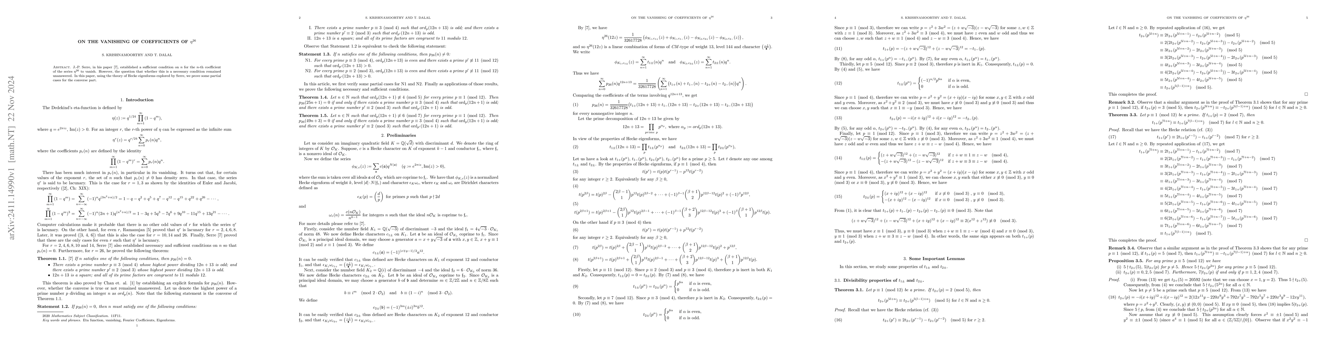 Thumbnail for On the vanishing of coefficients of $η^{26}