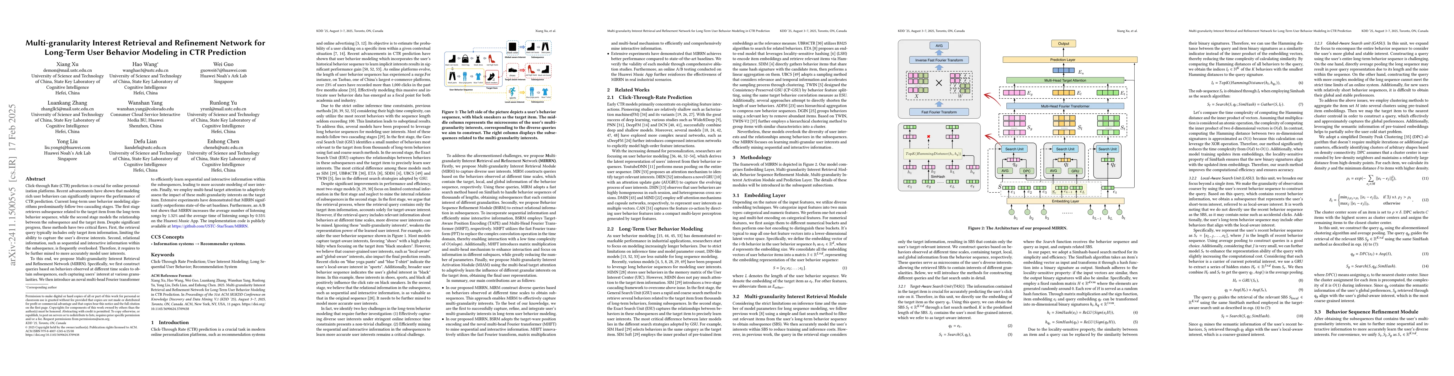 Thumbnail for Multi-granularity Interest Retrieval and Refinement Network for
  Long-Term User Behavior Modeling in CTR Prediction