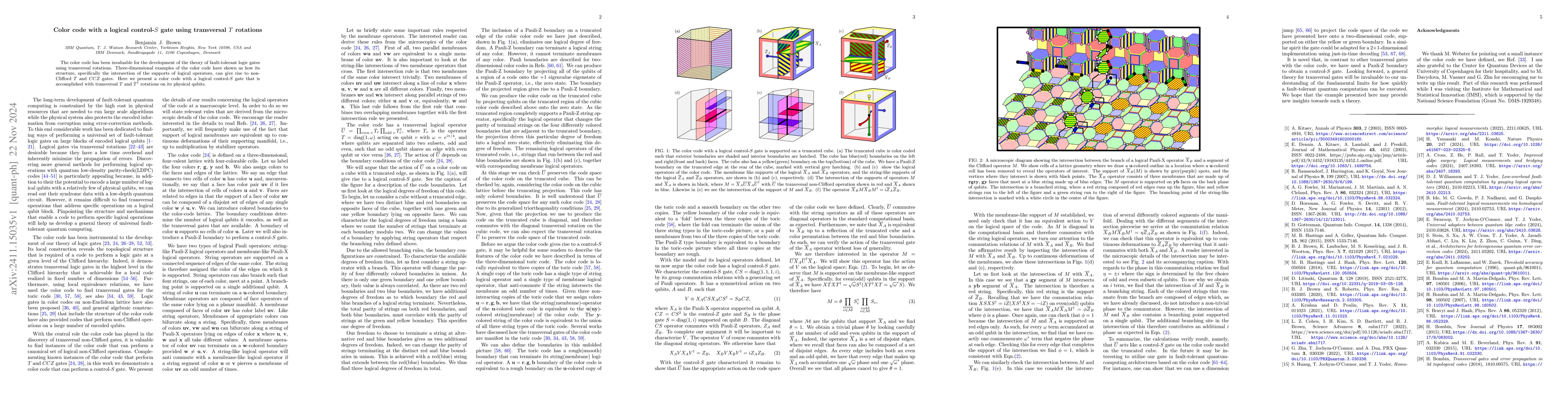 Thumbnail for Color code with a logical control-$S$ gate using transversal $T$
  rotations