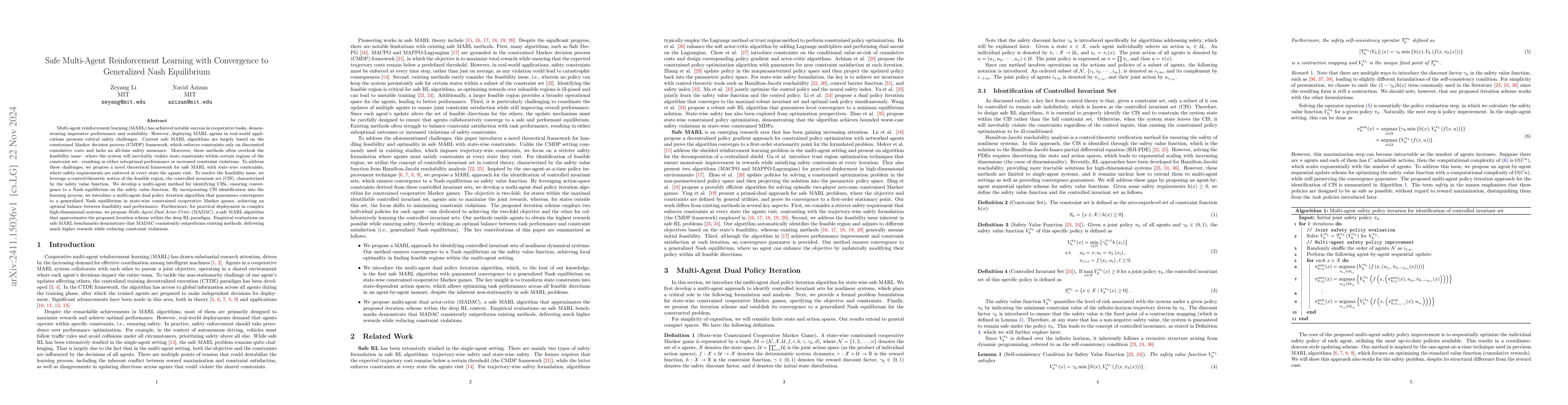 Thumbnail for Safe Multi-Agent Reinforcement Learning with Convergence to Generalized
  Nash Equilibrium