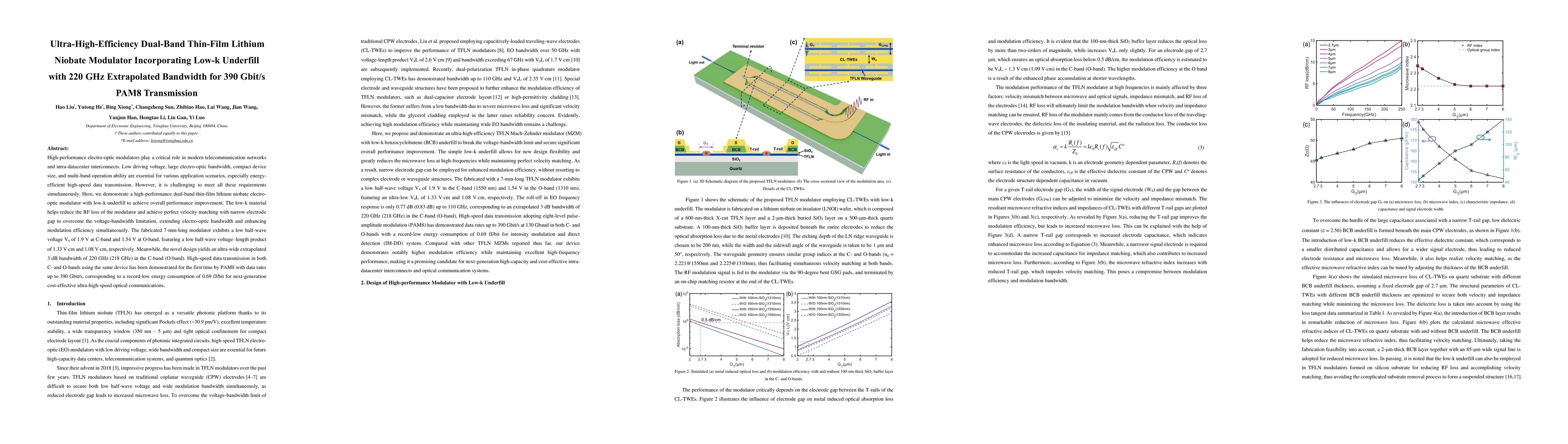 Thumbnail for Ultra-High-Efficiency Dual-Band Thin-Film Lithium Niobate Modulator
  Incorporating Low-k Underfill with 220 GHz Extrapolated Bandwidth for 390
  Gbit/s PAM8 Transmission