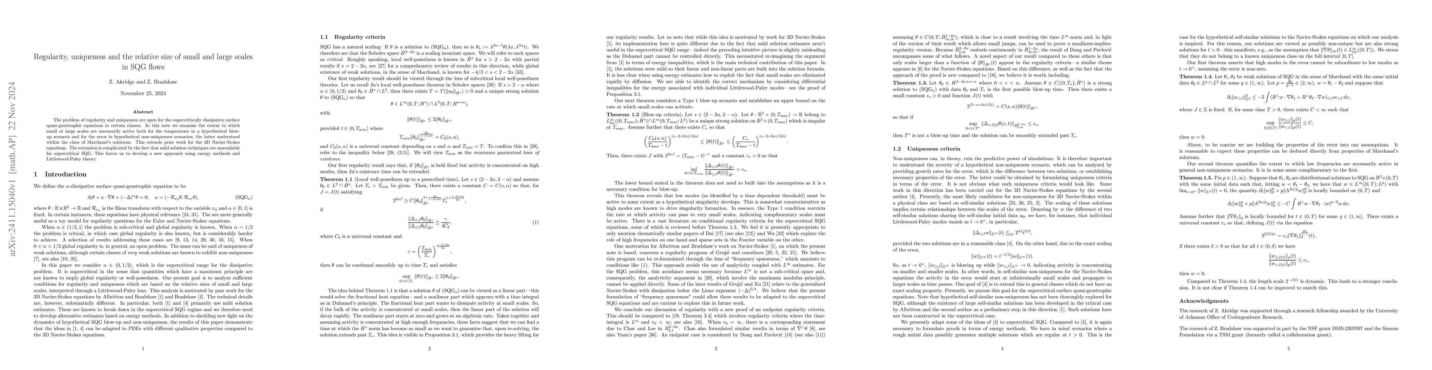 Thumbnail for Regularity, uniqueness and the relative size of small and large scales
  in SQG flows
