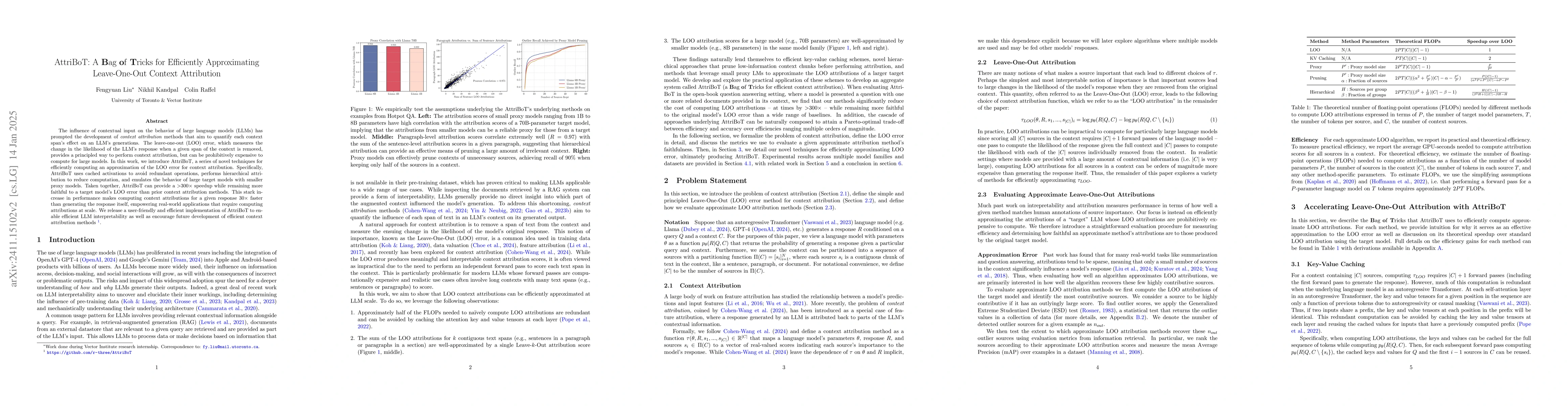 Thumbnail for AttriBoT: A Bag of Tricks for Efficiently Approximating Leave-One-Out
  Context Attribution
