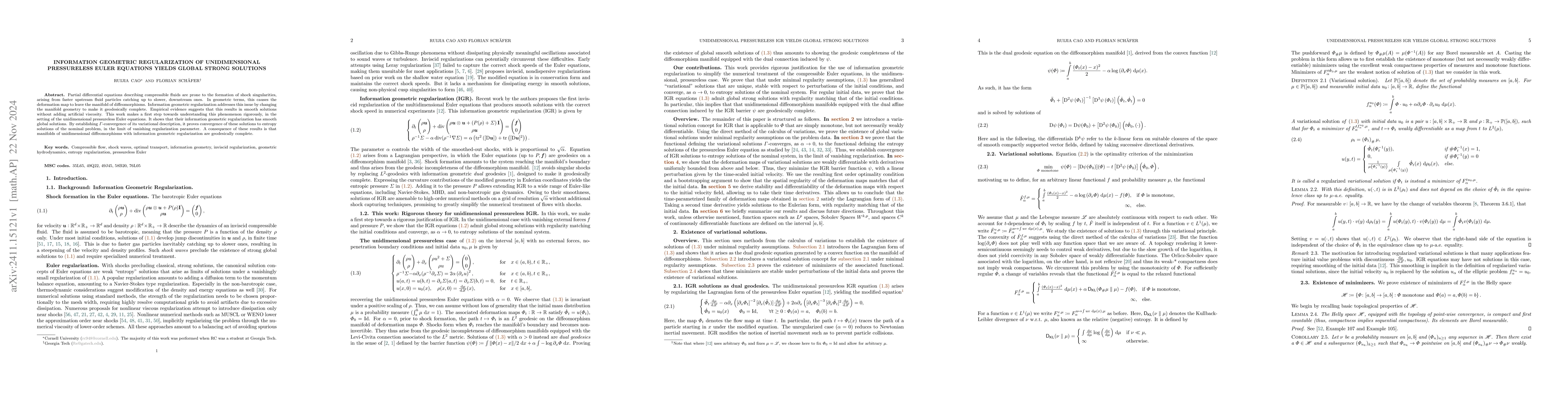 Thumbnail for Information geometric regularization of unidimensional pressureless
  Euler equations yields global strong solutions