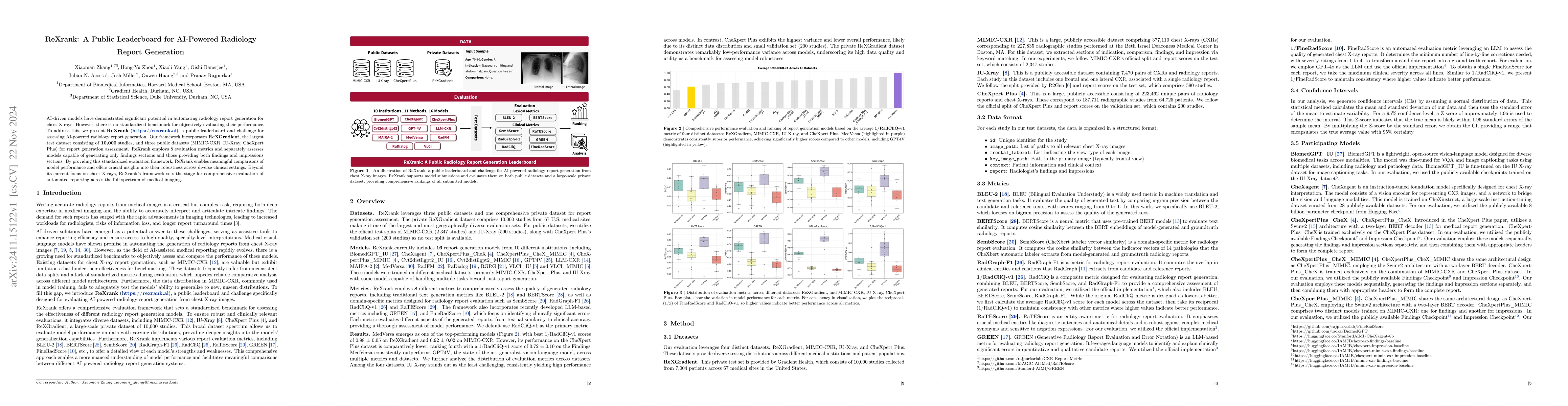 Thumbnail for ReXrank: A Public Leaderboard for AI-Powered Radiology Report Generation