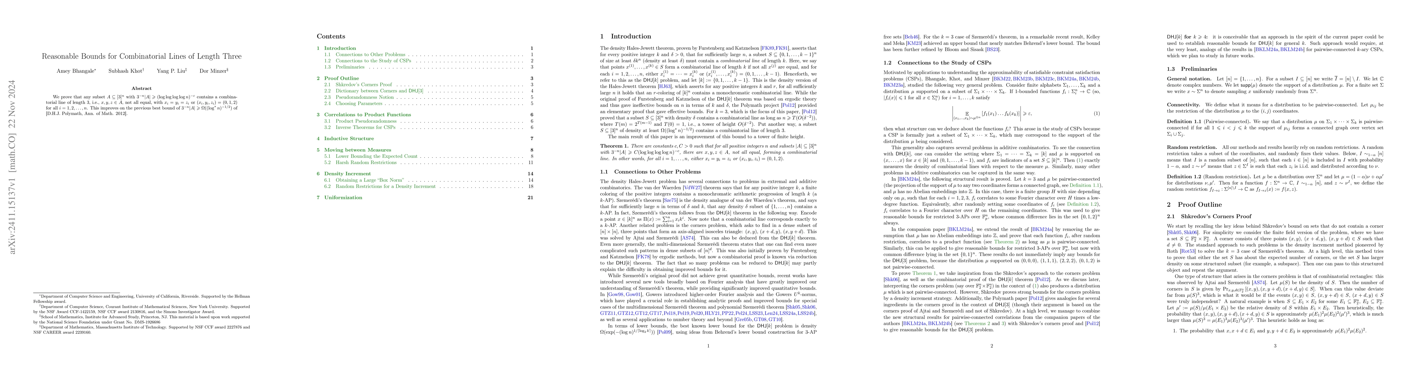 Thumbnail for Reasonable Bounds for Combinatorial Lines of Length Three