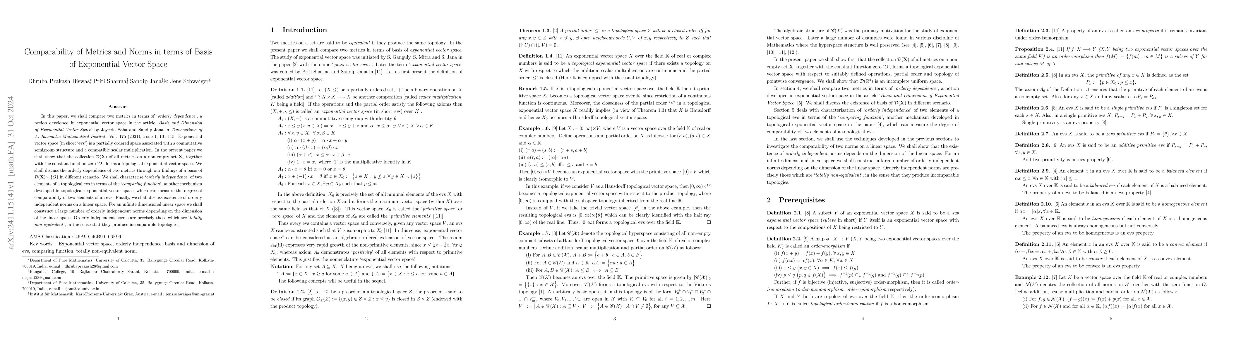 Thumbnail for Comparability of Metrics and Norms in terms of Basis of Exponential
  Vector Space