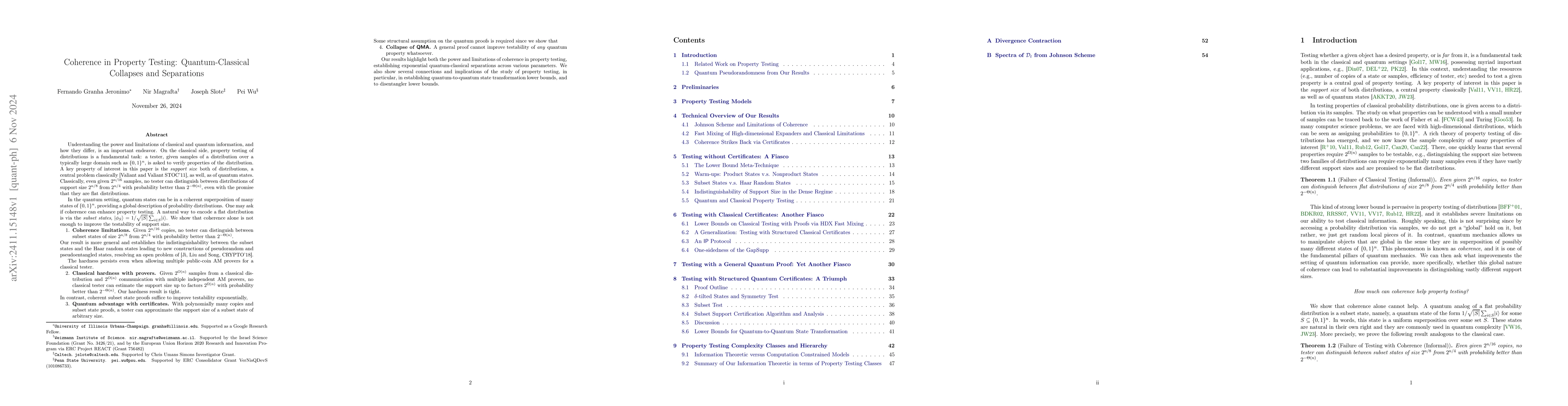 Thumbnail for Coherence in Property Testing: Quantum-Classical Collapses and
  Separations