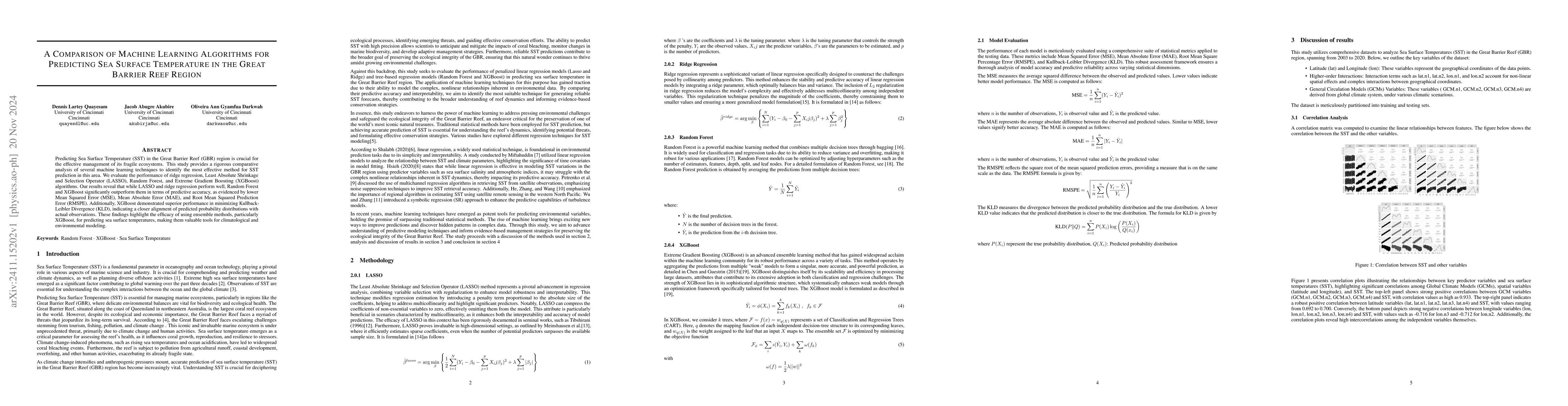 Thumbnail for A Comparison of Machine Learning Algorithms for Predicting Sea Surface
  Temperature in the Great Barrier Reef Region