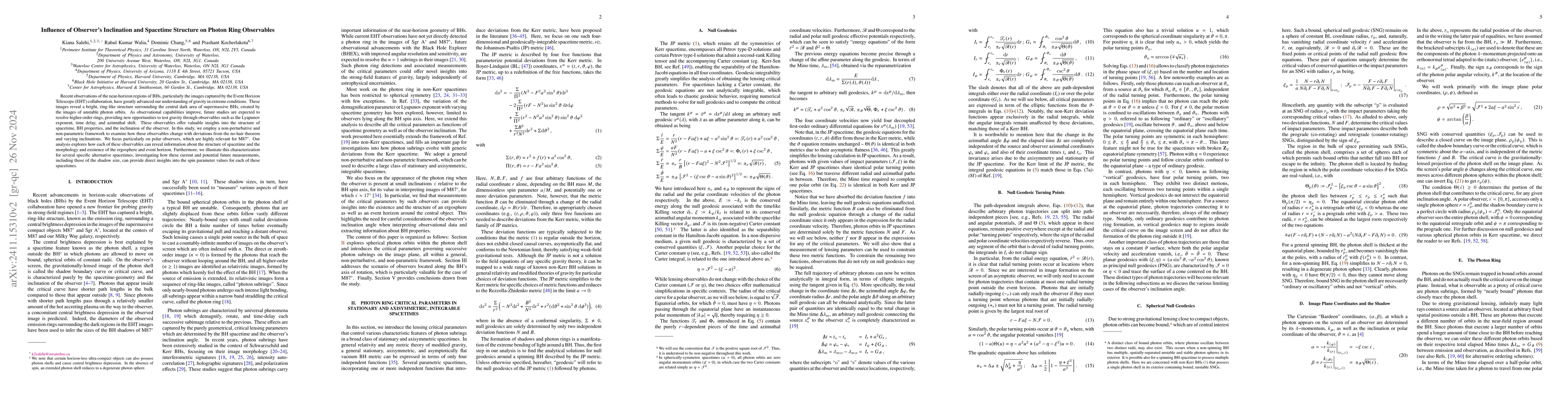Thumbnail for Influence of Observer Inclination and Spacetime Structure on Photon Ring
  Observables