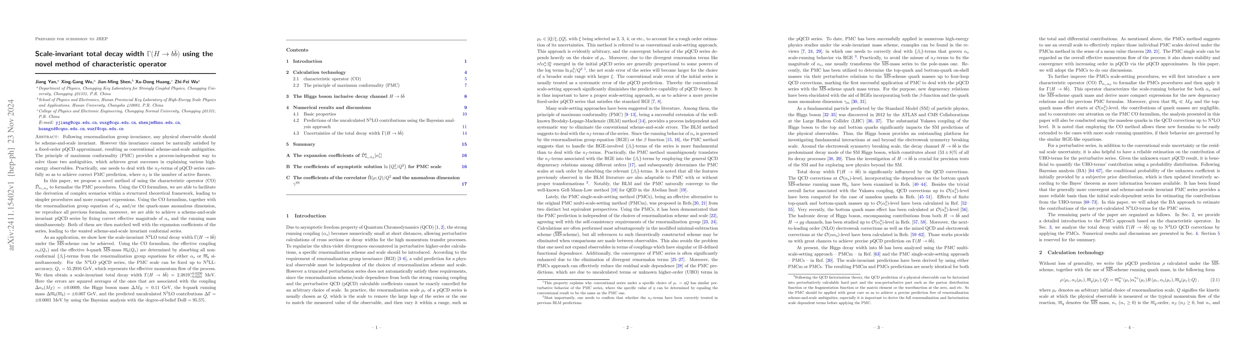 Thumbnail for Scale-invariant total decay width $Γ(H\to b\bar{b})$ using the
  novel method of characteristic operator