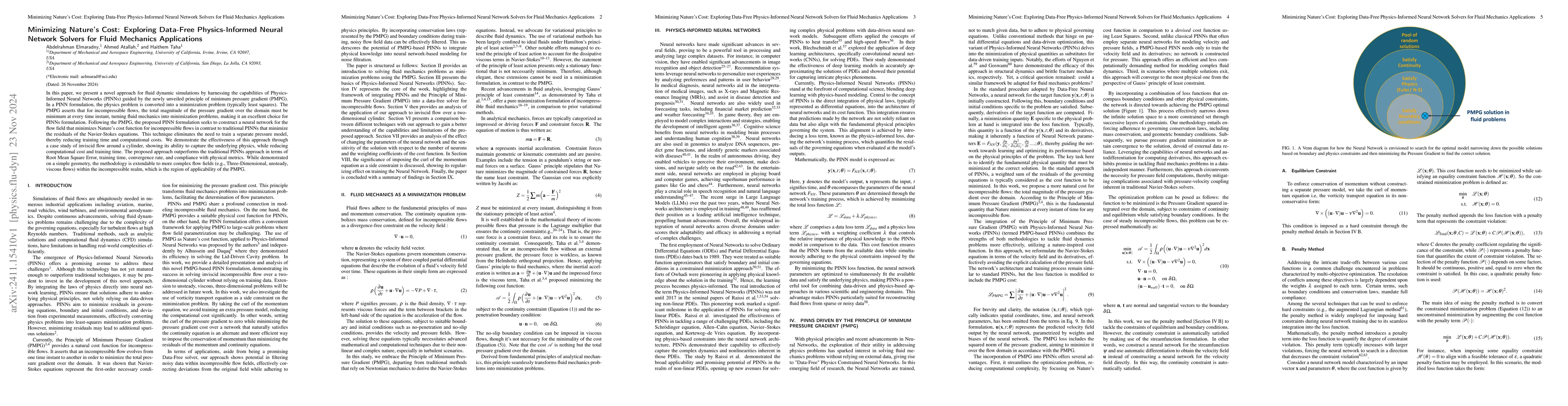 Thumbnail for Minimizing Nature's Cost: Exploring Data-Free Physics-Informed Neural
  Network Solvers for Fluid Mechanics Applications