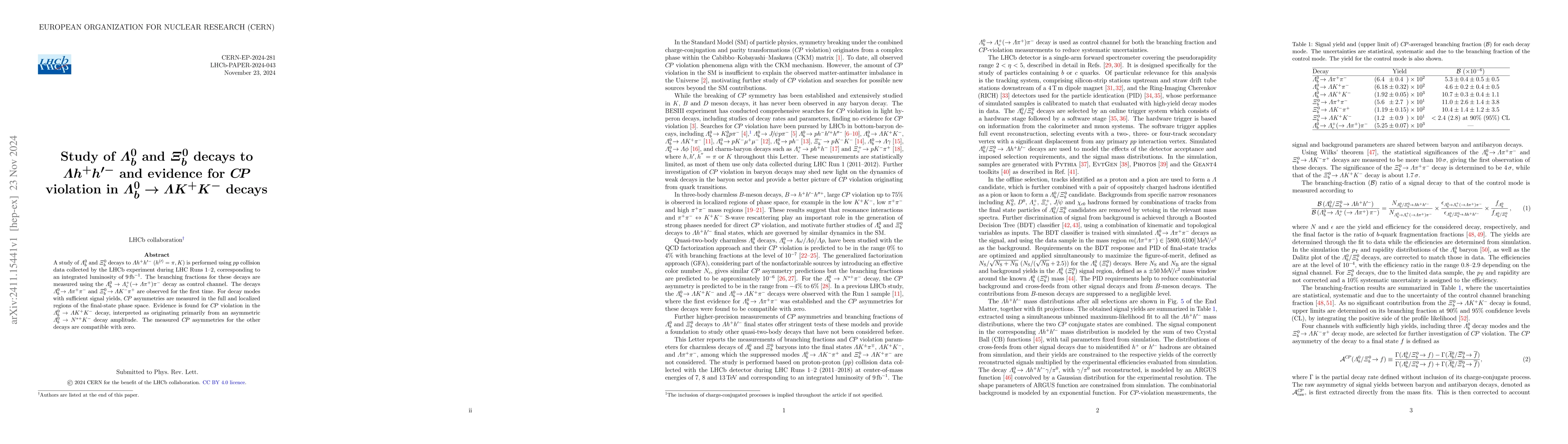 Thumbnail for Study of $\itΛ_{\it{b}}^\rm{0}$ and $\itΞ_{\it{b}}^\rm{0}$
  decays to $\itΛ h^+h^{'-}$ and evidence for $CP$ violation in
  $\itΛ_{\it{b}}^\rm{0}\to\itΛ K^+K^-$ decays