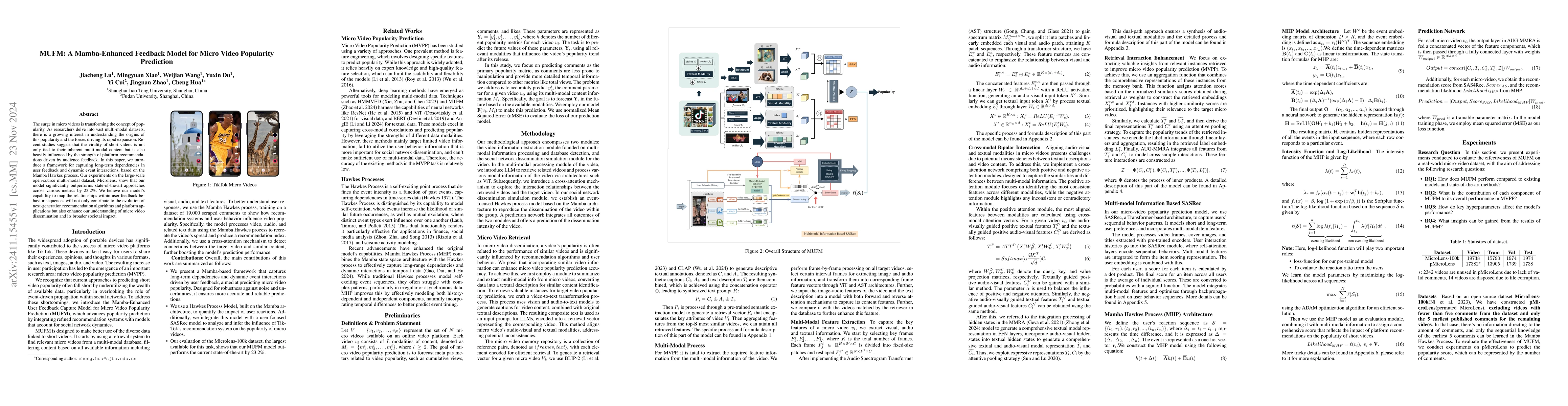 Thumbnail for MUFM: A Mamba-Enhanced Feedback Model for Micro Video Popularity
  Prediction