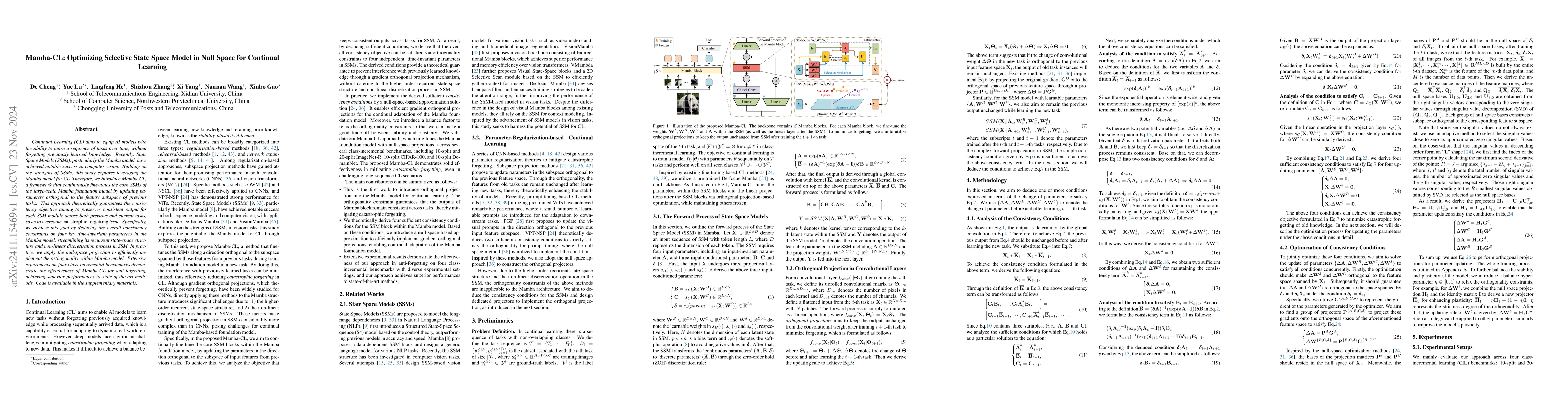 Thumbnail for Mamba-CL: Optimizing Selective State Space Model in Null Space for
  Continual Learning