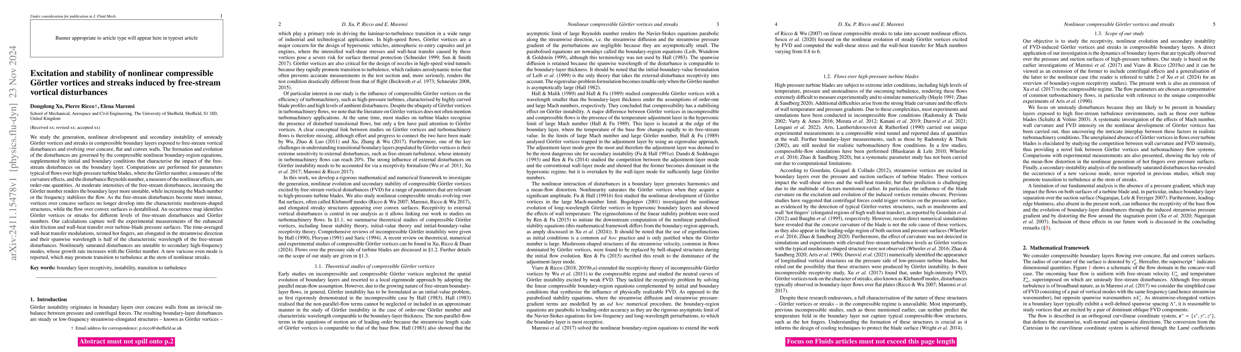 Thumbnail for Excitation and stability of nonlinear compressible Görtler vortices
  and streaks induced by free-stream vortical disturbances