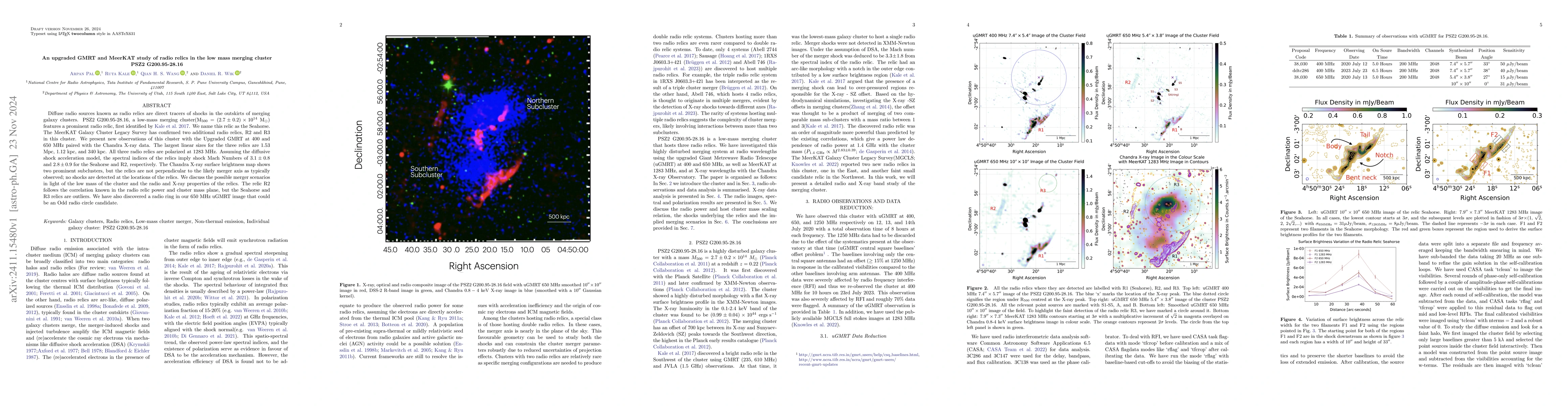 Thumbnail for An upgraded GMRT and MeerKAT study of radio relics in the low mass
  merging cluster PSZ2 G200.95-28.16