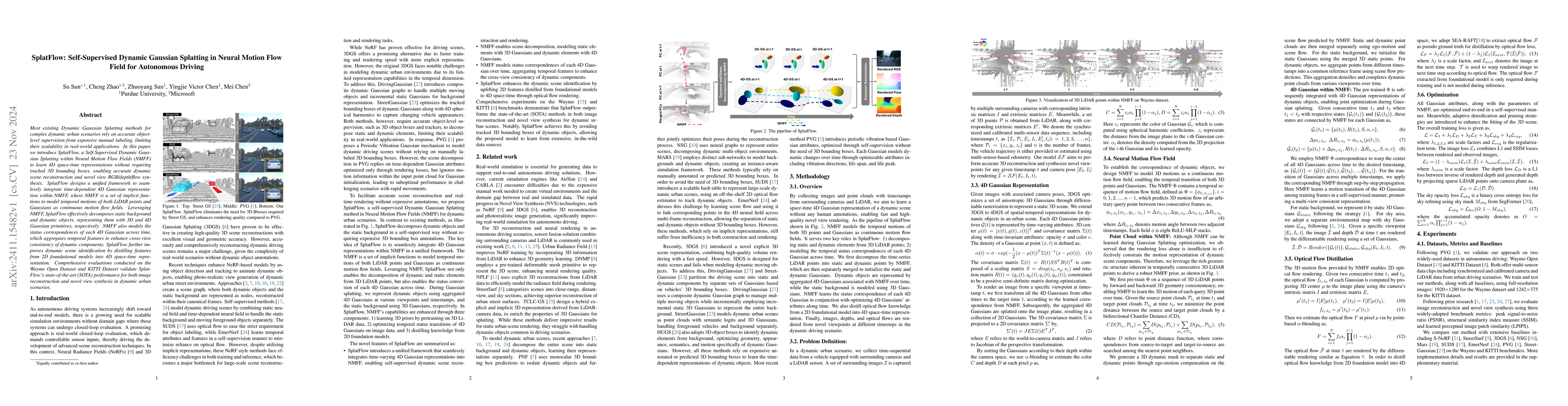 Thumbnail for SplatFlow: Self-Supervised Dynamic Gaussian Splatting in Neural Motion
  Flow Field for Autonomous Driving