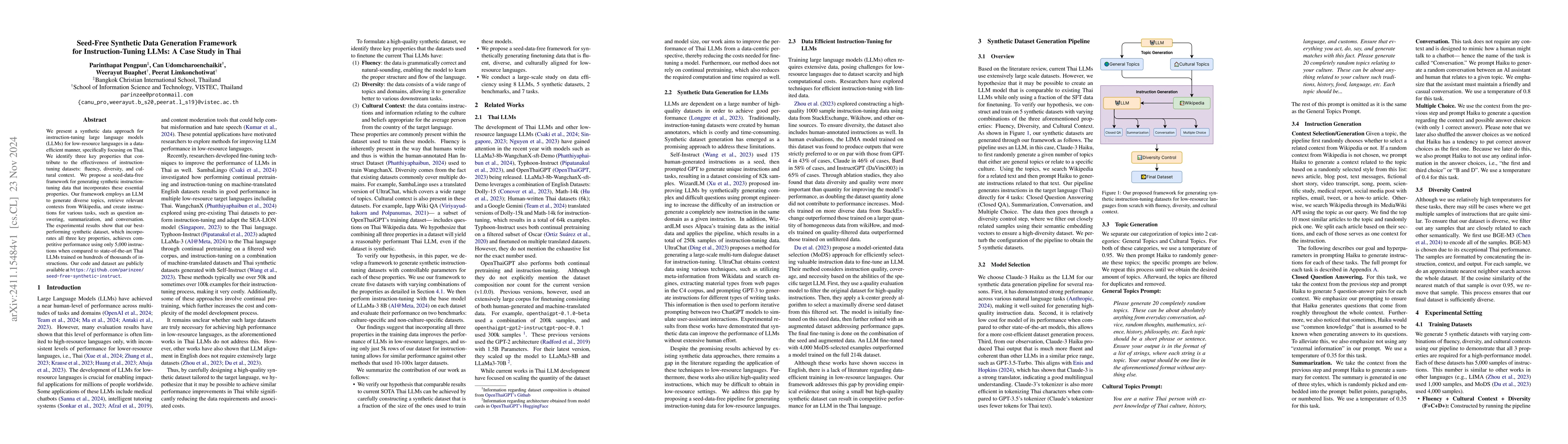 Thumbnail for Seed-Free Synthetic Data Generation Framework for Instruction-Tuning
  LLMs: A Case Study in Thai