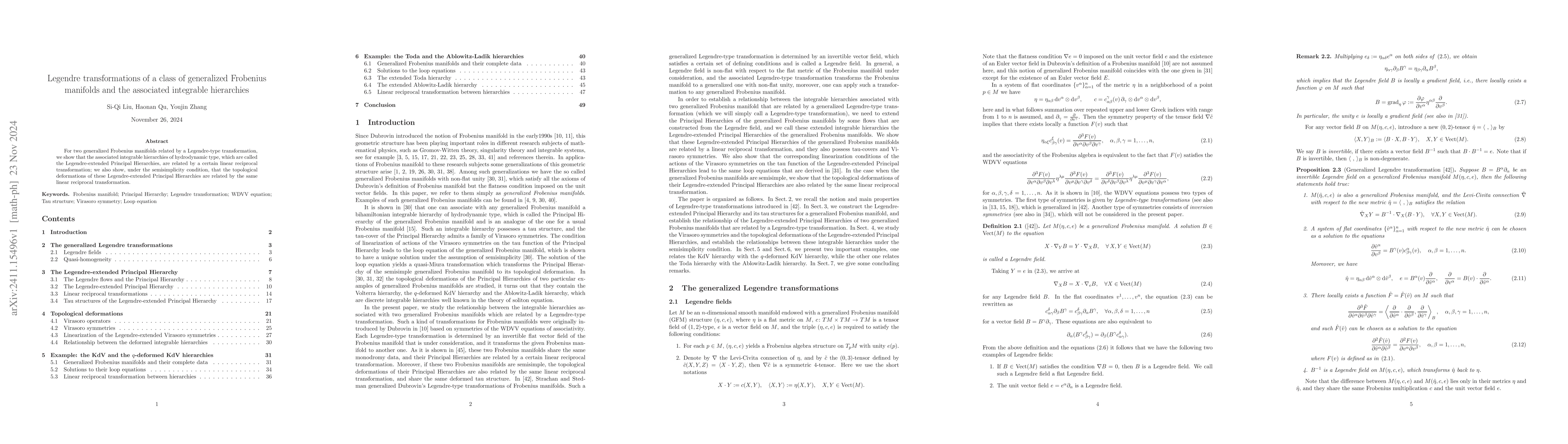 Thumbnail for Legendre transformations of a class of generalized Frobenius manifolds
  and the associated integrable hierarchies
