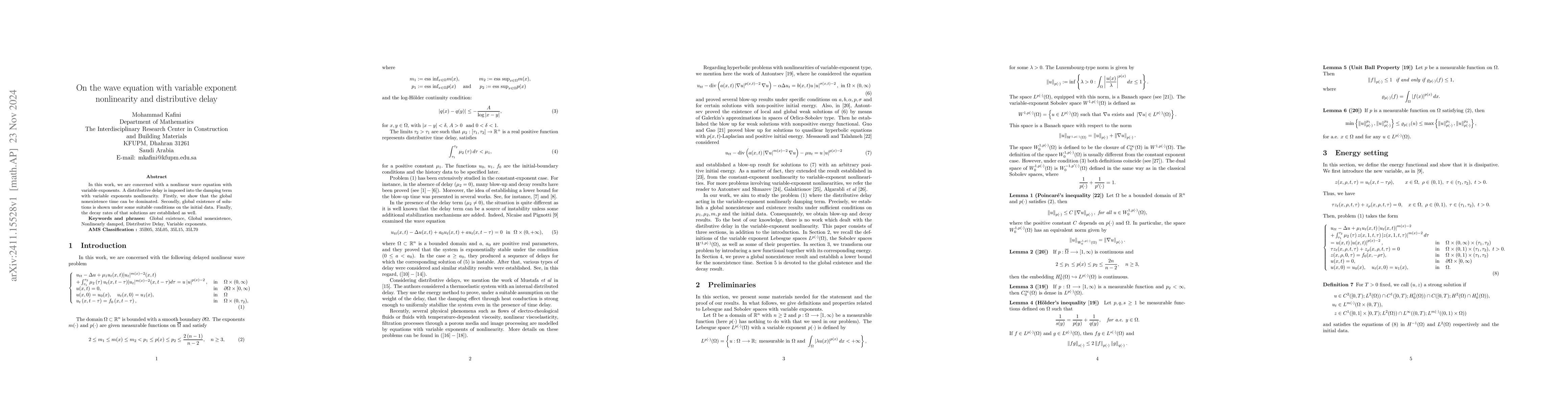 Thumbnail for On the wave equation with variable exponent nonlinearity and
  distributive delay