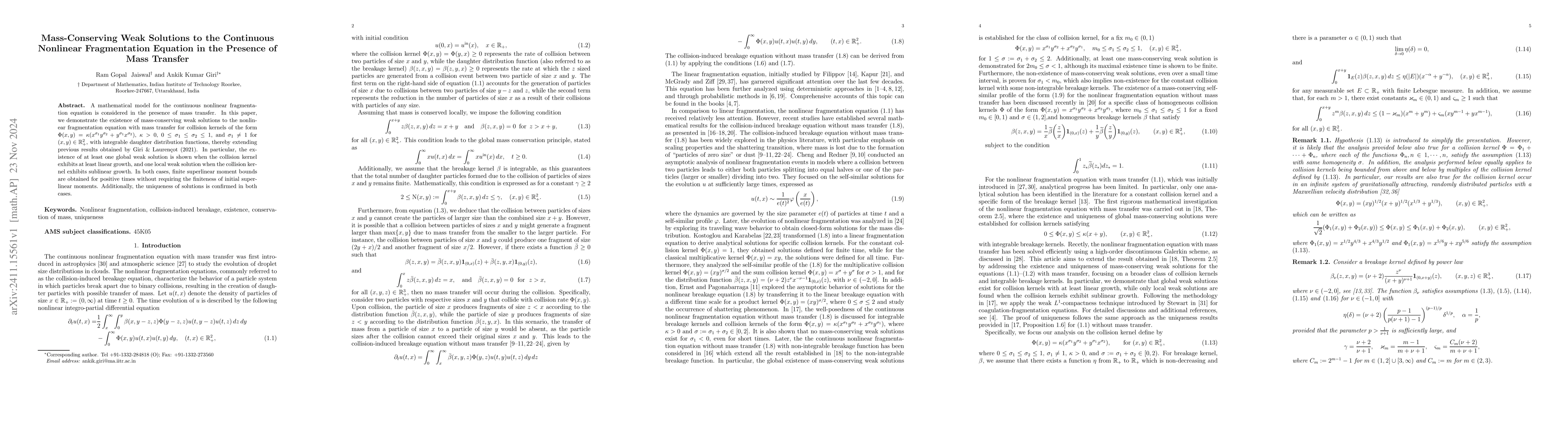 Thumbnail for Mass-Conserving Weak Solutions to the Continuous Nonlinear Fragmentation
  Equation in the Presence of Mass Transfer