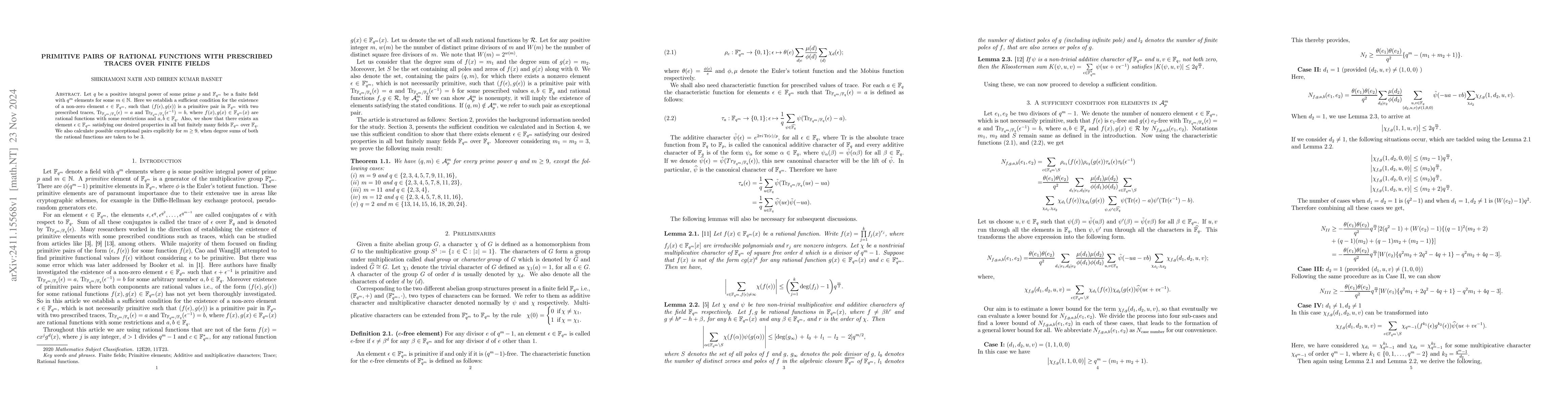 Thumbnail for Primitive pairs of rational functions with prescribed traces over finite
  fields