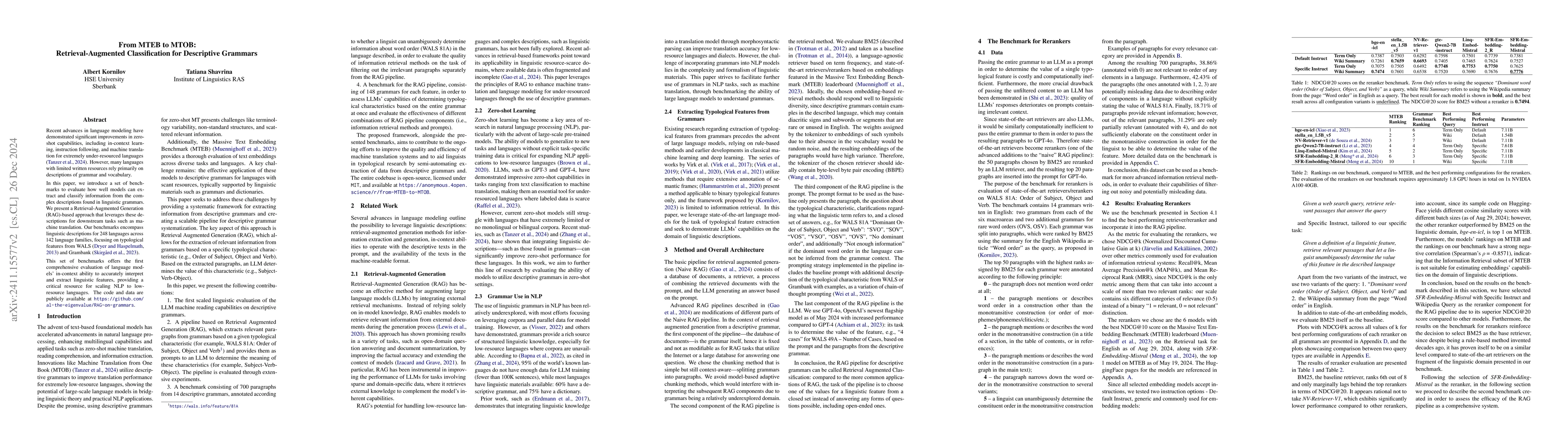 Thumbnail for From MTEB to MTOB: Retrieval-Augmented Classification for Descriptive
  Grammars