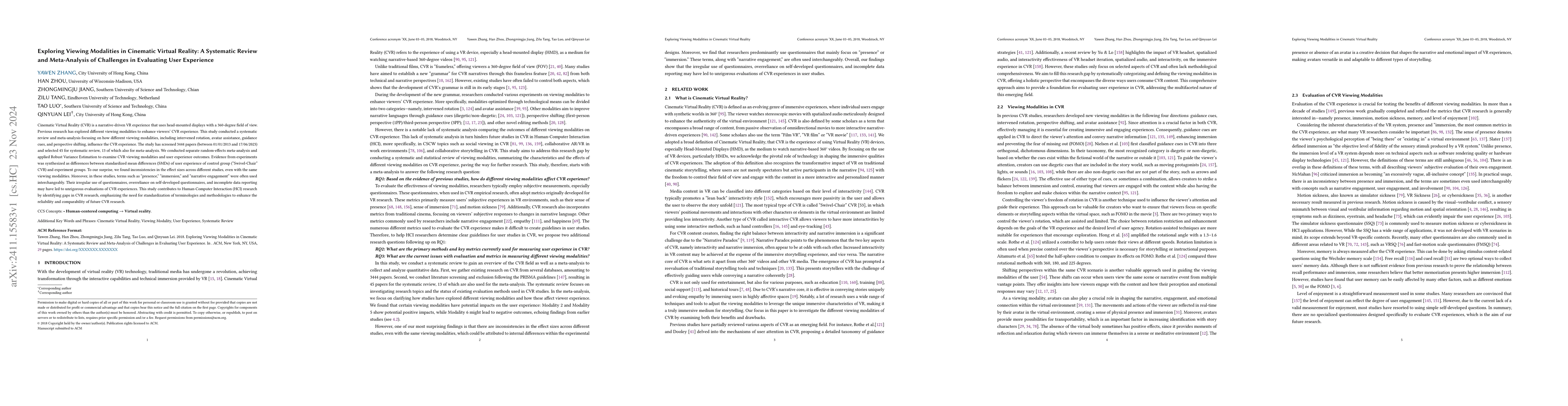 Thumbnail for Exploring Viewing Modalities in Cinematic Virtual Reality: A Systematic
  Review and Meta-Analysis of Challenges in Evaluating User Experience