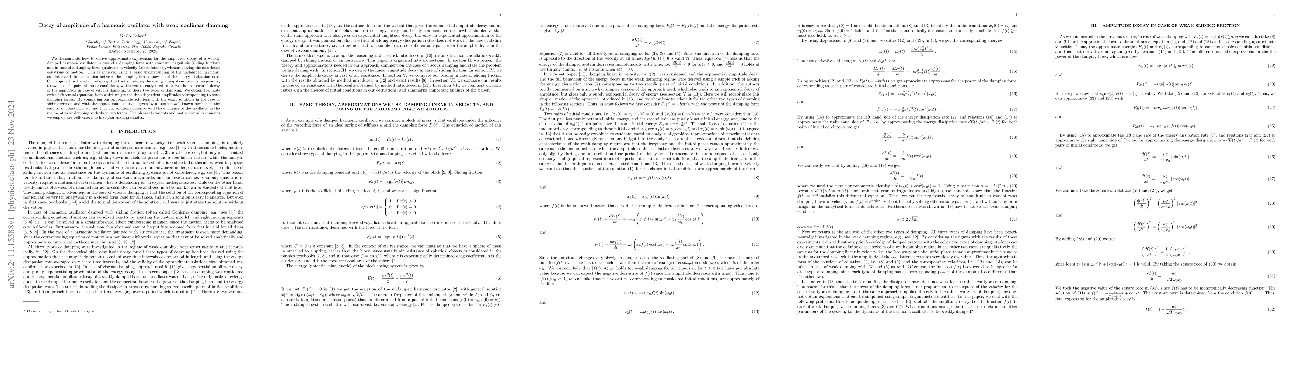 Thumbnail for Decay of amplitude of a harmonic oscillator with weak nonlinear damping
