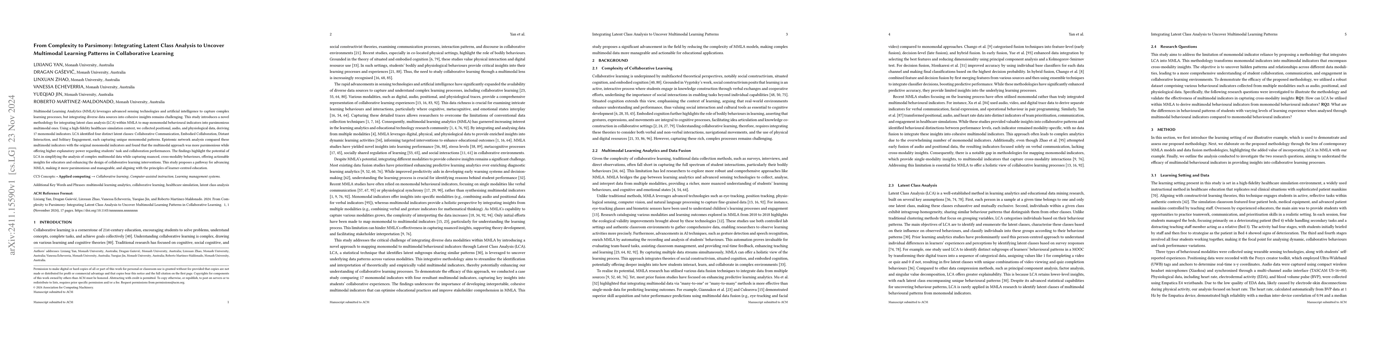 Thumbnail for From Complexity to Parsimony: Integrating Latent Class Analysis to
  Uncover Multimodal Learning Patterns in Collaborative Learning
