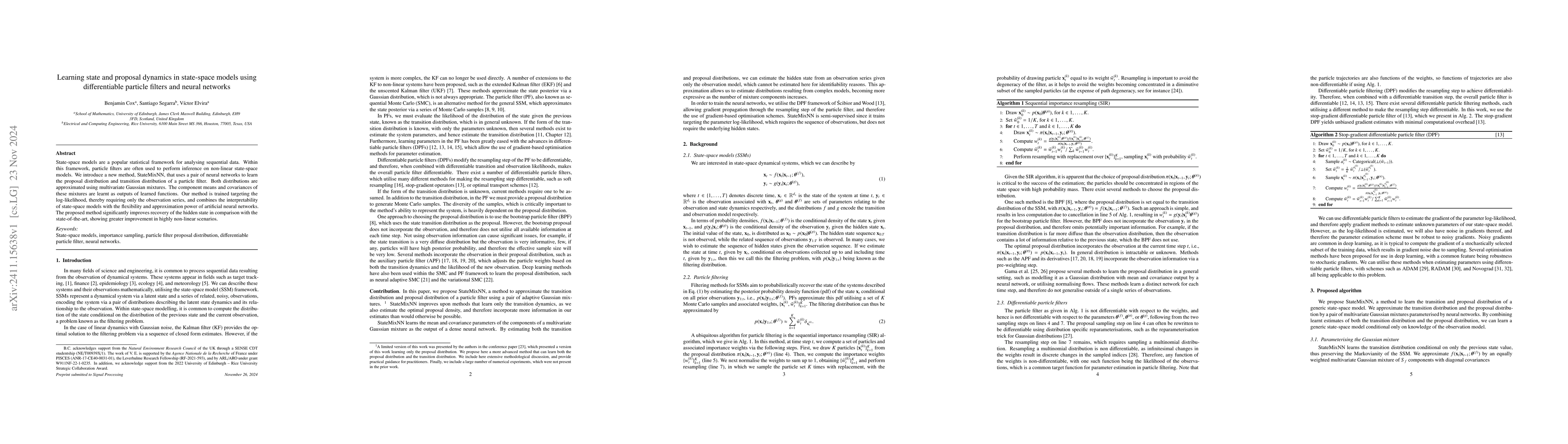 Thumbnail for Learning state and proposal dynamics in state-space models using
  differentiable particle filters and neural networks