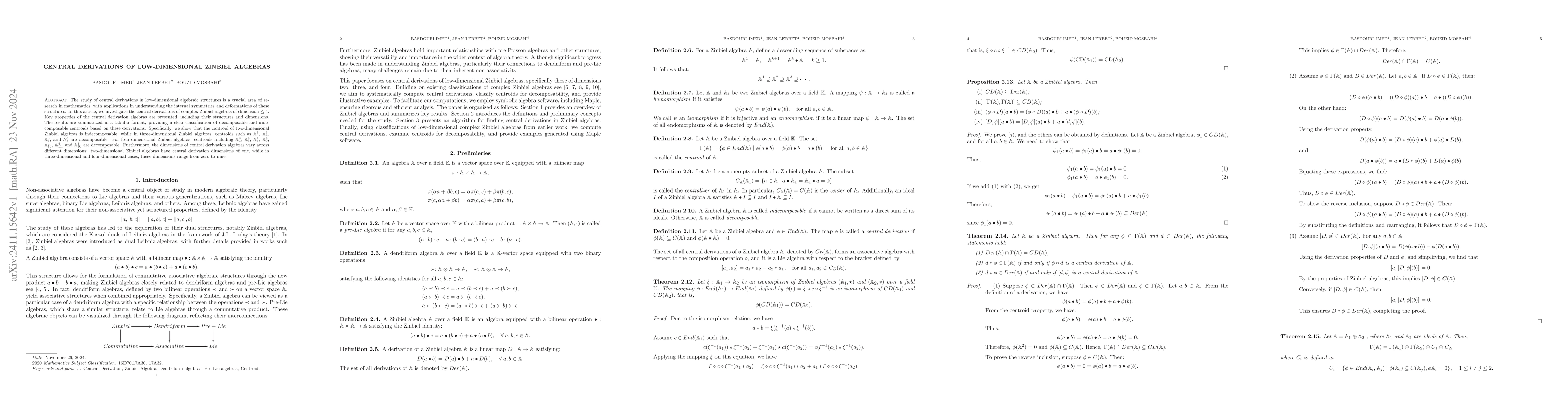 Thumbnail for Central derivations of low-dimensional Zinbiel algebras