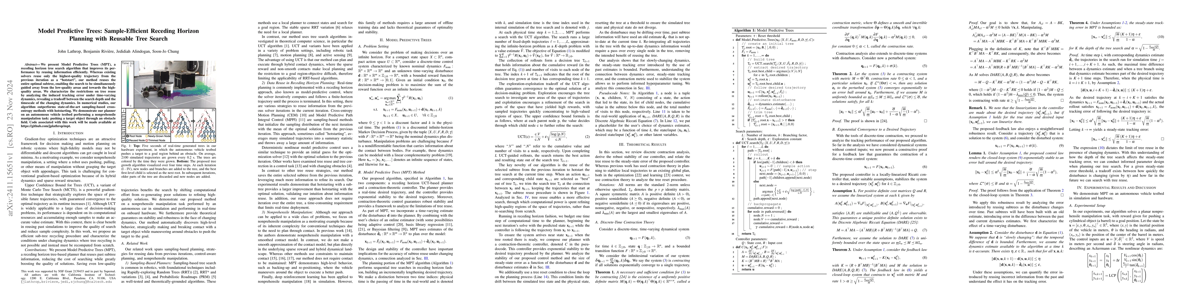 Thumbnail for Model Predictive Trees: Sample-Efficient Receding Horizon Planning with
  Reusable Tree Search