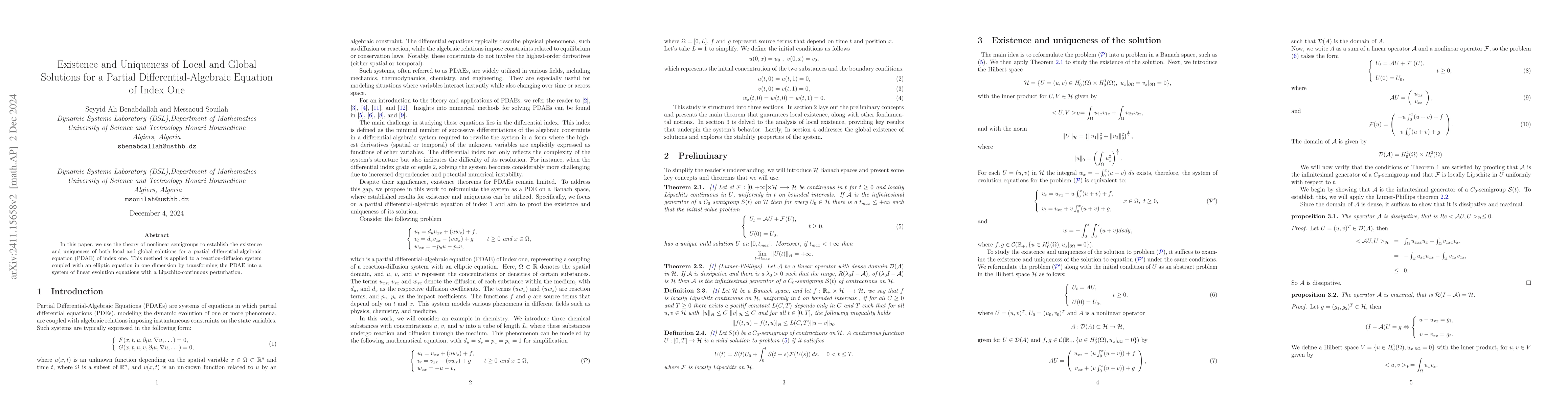 Thumbnail for Existence and Uniqueness of Local and Global Solutions for a Partial
  Differential-Algebraic Equation of Index One