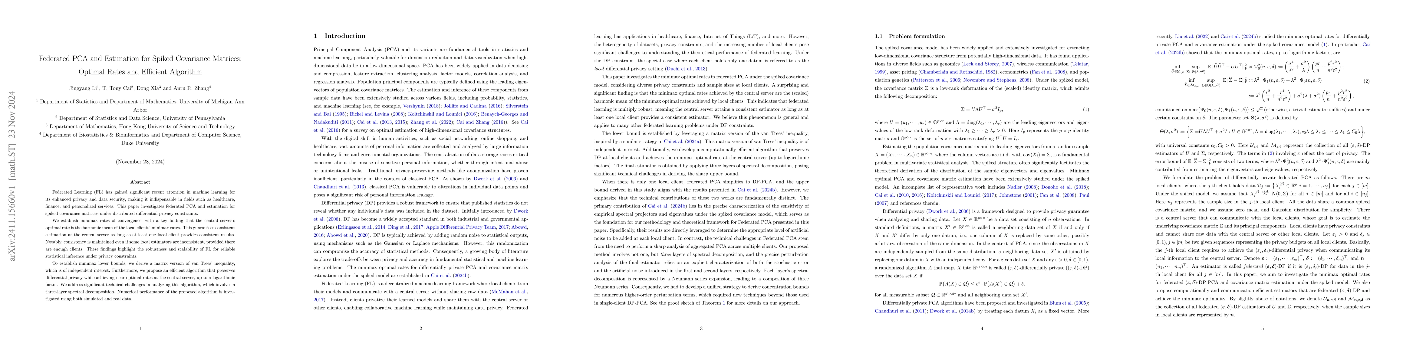 Thumbnail for Federated PCA and Estimation for Spiked Covariance Matrices: Optimal
  Rates and Efficient Algorithm