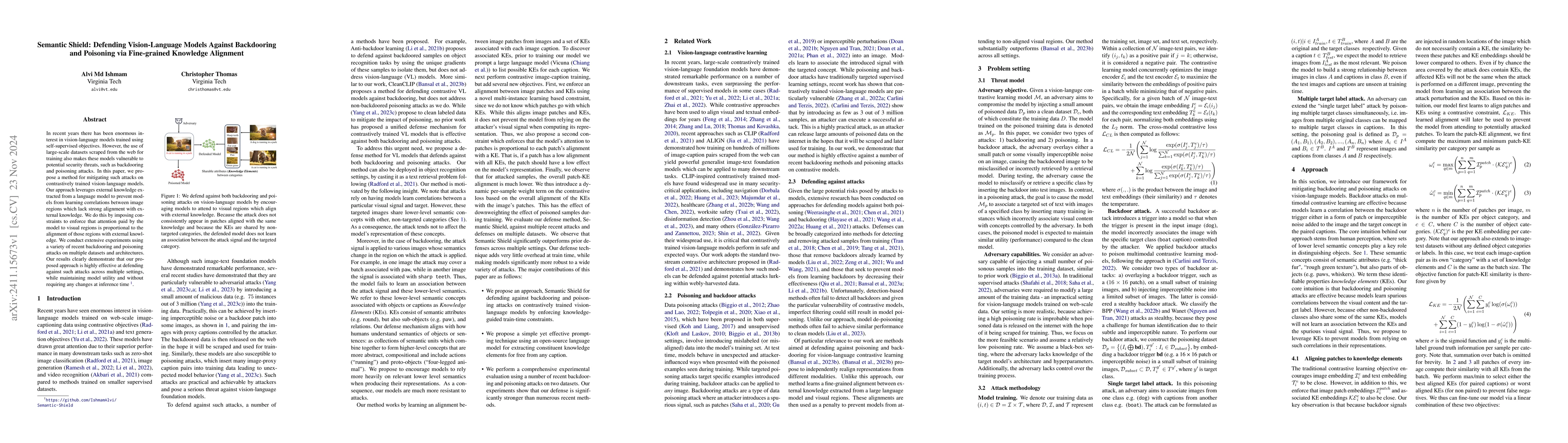 Thumbnail for Semantic Shield: Defending Vision-Language Models Against Backdooring
  and Poisoning via Fine-grained Knowledge Alignment