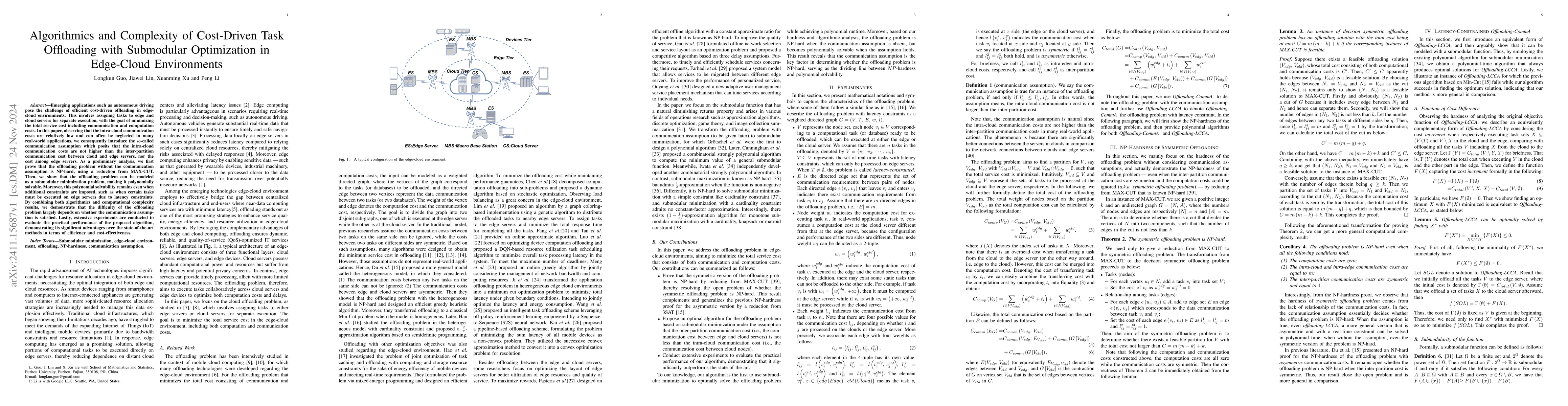 Thumbnail for Algorithmics and Complexity of Cost-Driven Task Offloading with
  Submodular Optimization in Edge-Cloud Environments