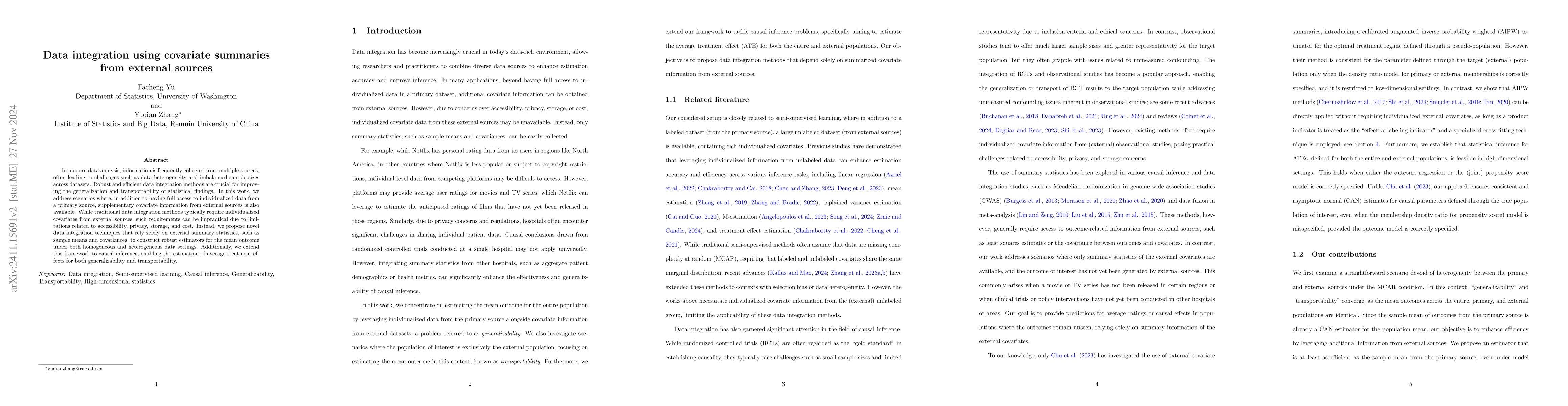 Thumbnail for Data integration using covariate summaries from external sources