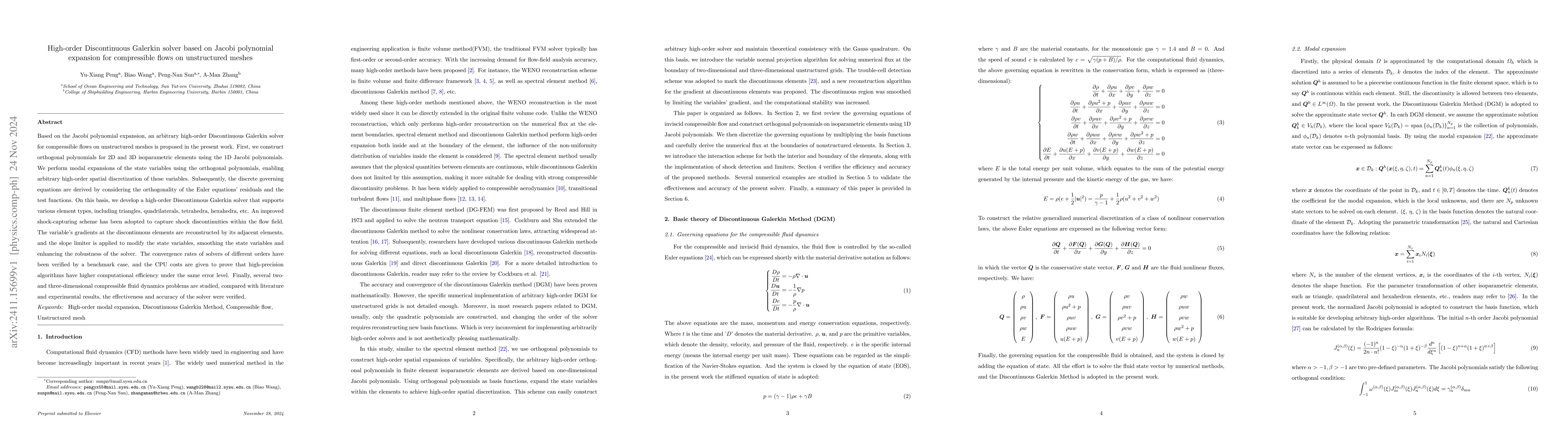 Thumbnail for High-order Discontinuous Galerkin solver based on Jacobi polynomial
  expansion for compressible flows on unstructured meshes