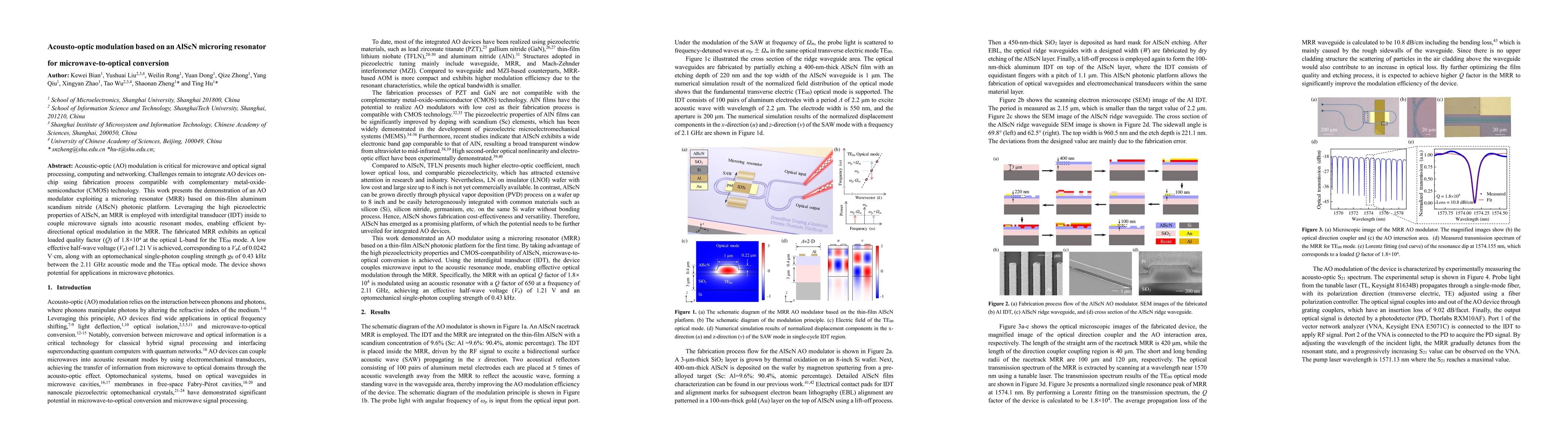 Thumbnail for Acousto-optic modulation based on an AlScN microring resonator for
  microwave-to-optical conversion