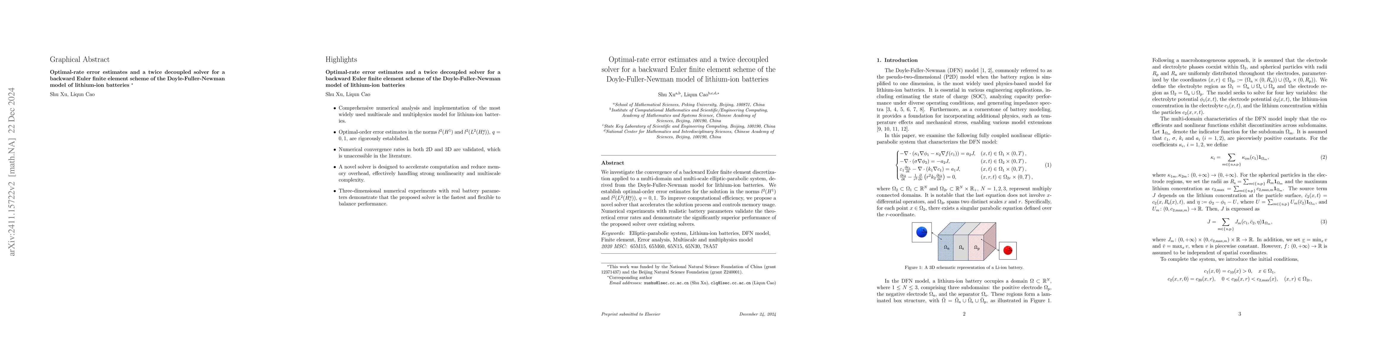 Thumbnail for Optimal convergence in finite element fully discrete error analysis and
  a novel fast solver for the Doyle-Fuller-Newman model of lithium-ion
  batteries