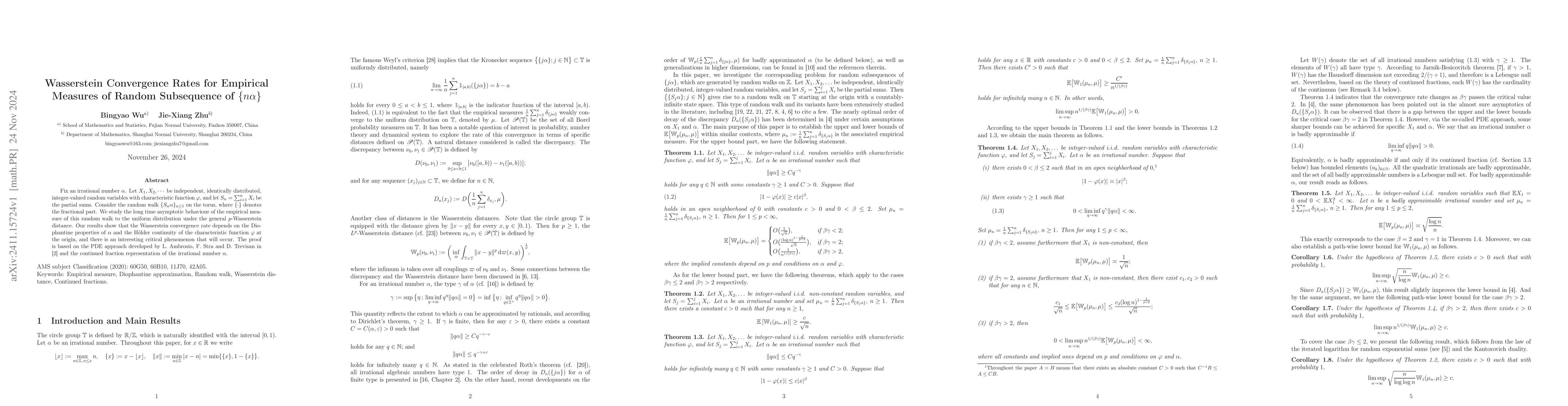 Thumbnail for Wasserstein Convergence Rates for Empirical Measures of Random
  Subsequence of $\{nα\}$
