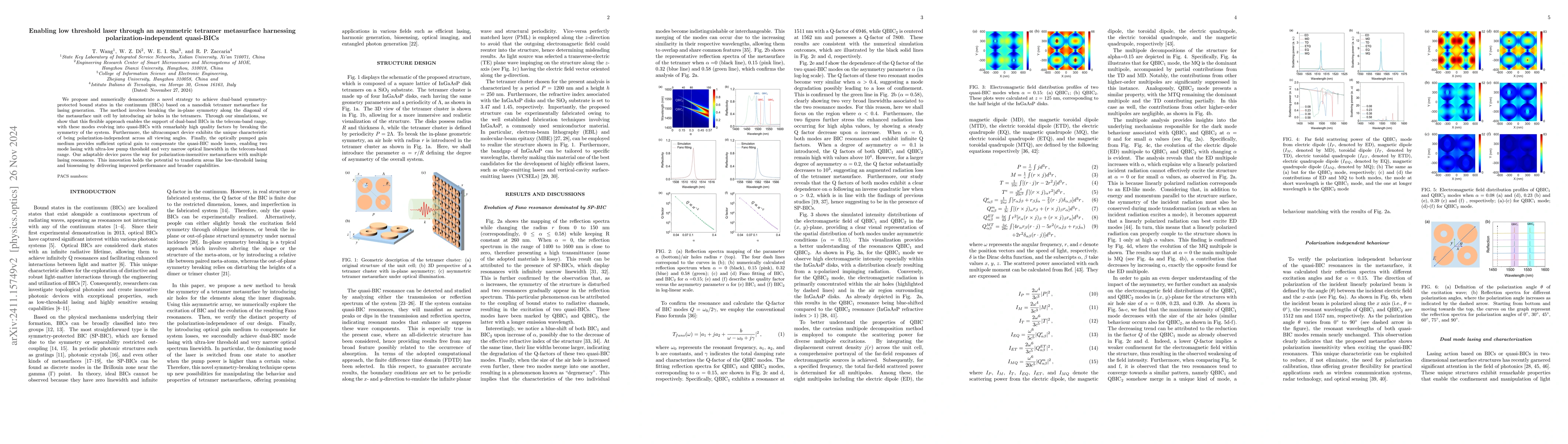 Thumbnail for Enabling low threshold laser through an asymmetric tetramer metasurface
  harnessing polarization-independent quasi-BICs