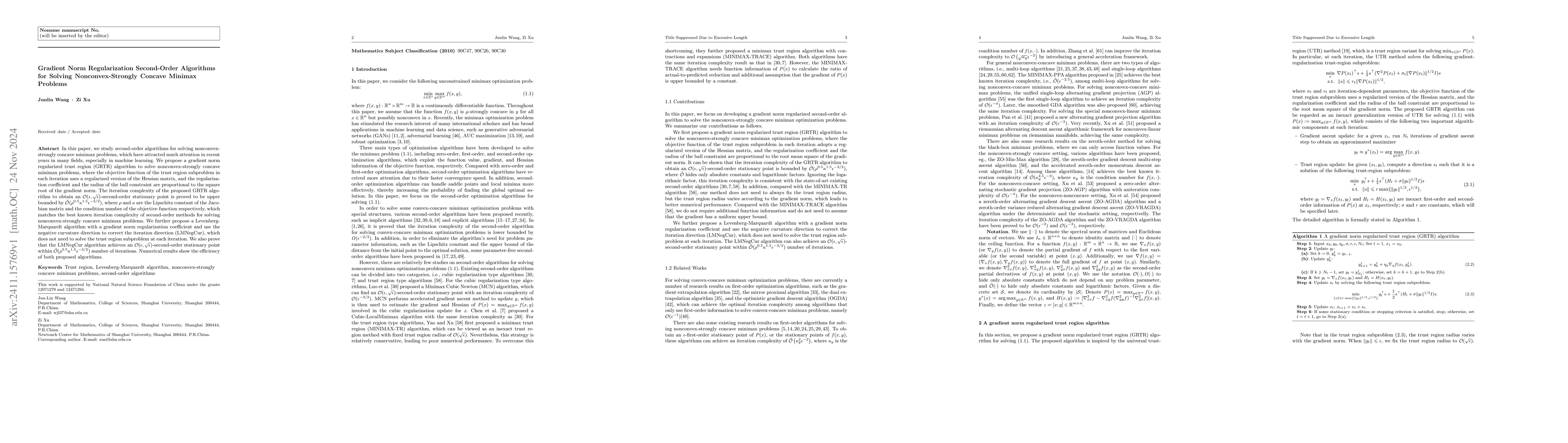 Thumbnail for Gradient Norm Regularization Second-Order Algorithms for Solving
  Nonconvex-Strongly Concave Minimax Problems